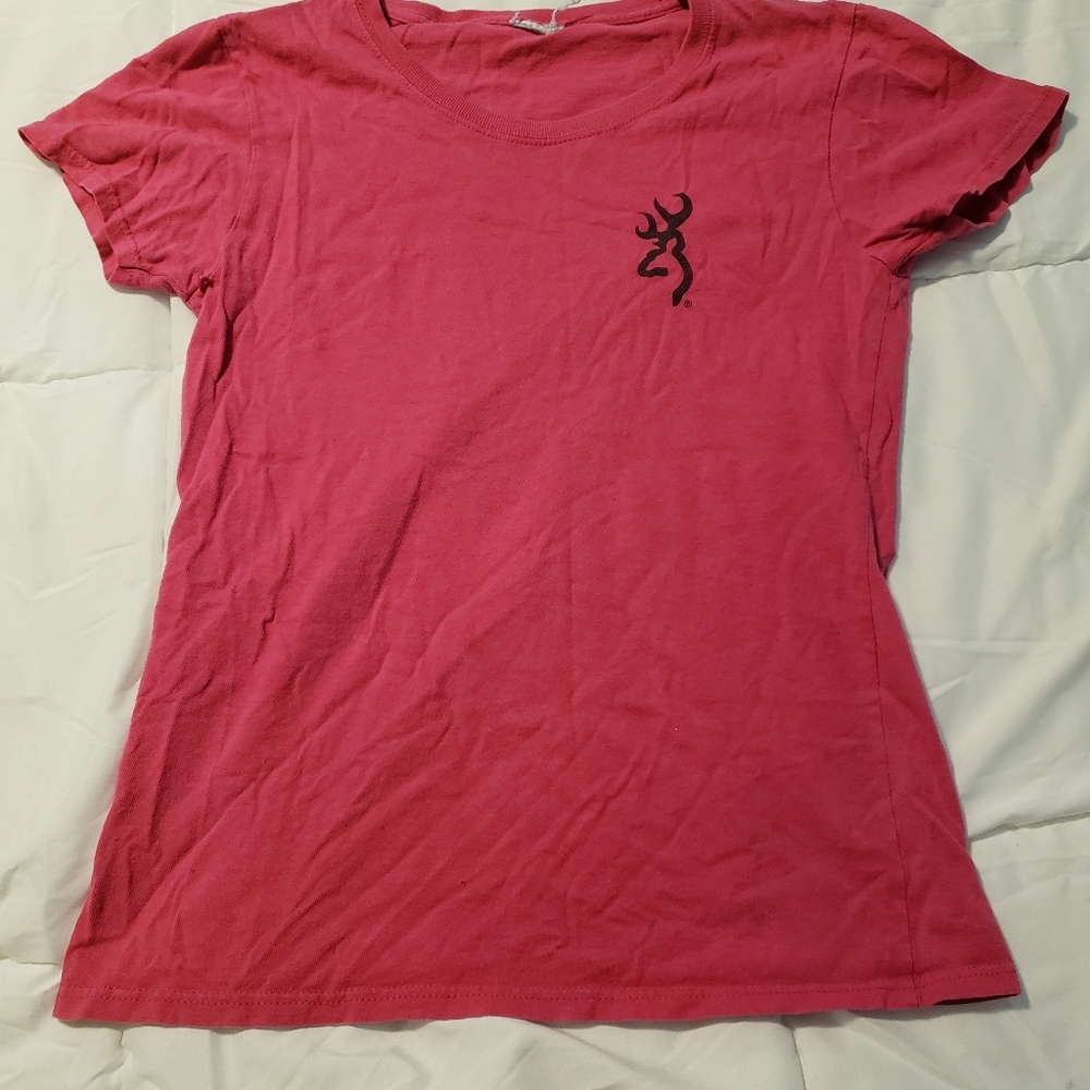 4/10 Browning t-shirt, size small, pink with black/camo deer